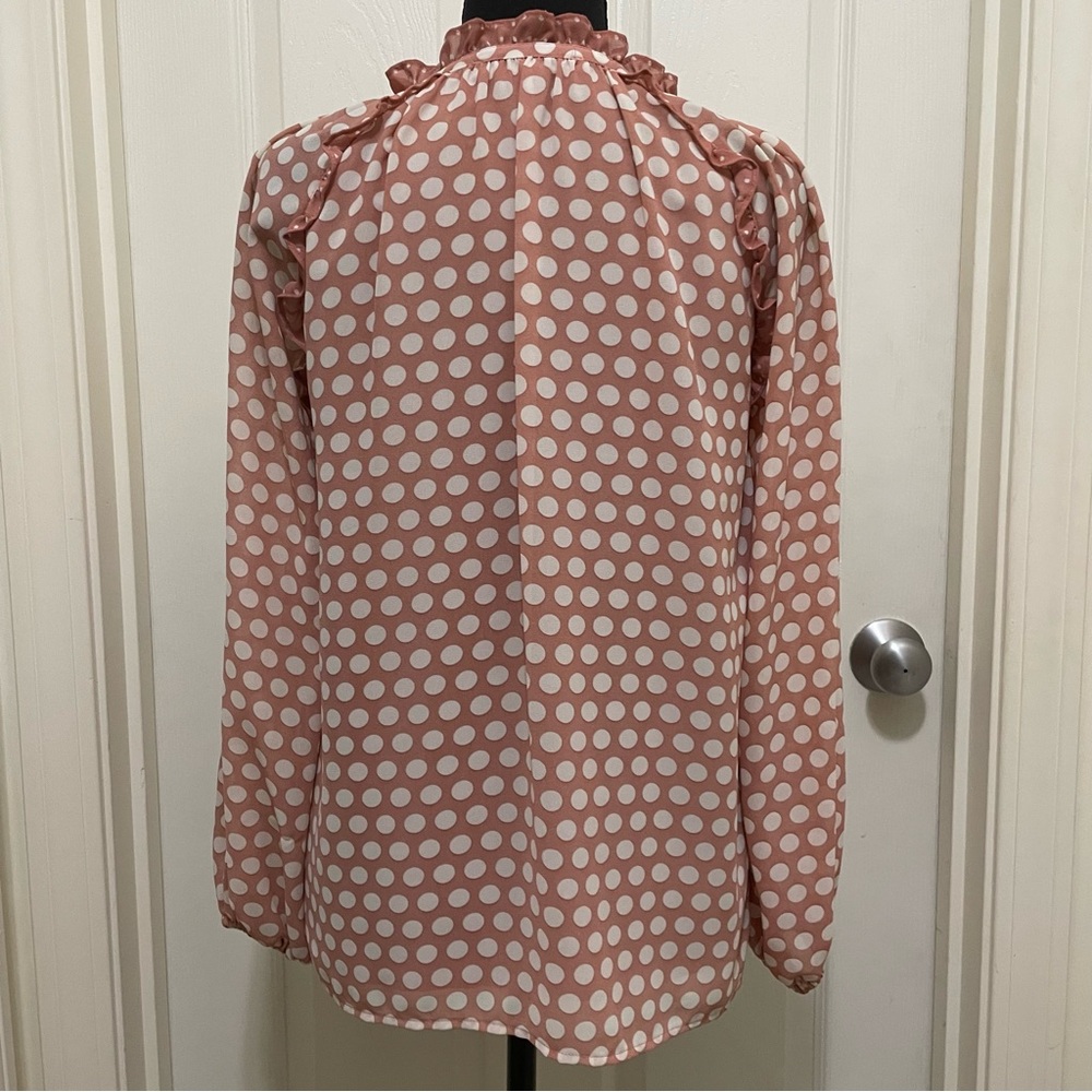 Rose + Olive Dusty Pink White Polka Dot Blouse Ruffle Detail Women's X-Small XS - Picture 3 of 8